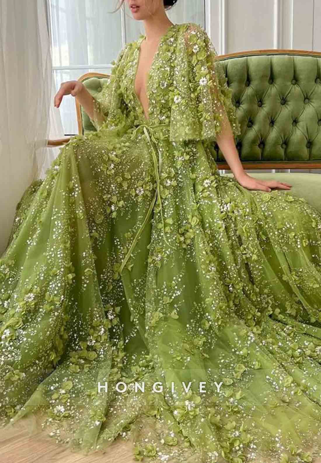 Green A-Line Evening Gowns with V-Neck Flutter Sleeves and Embroidery