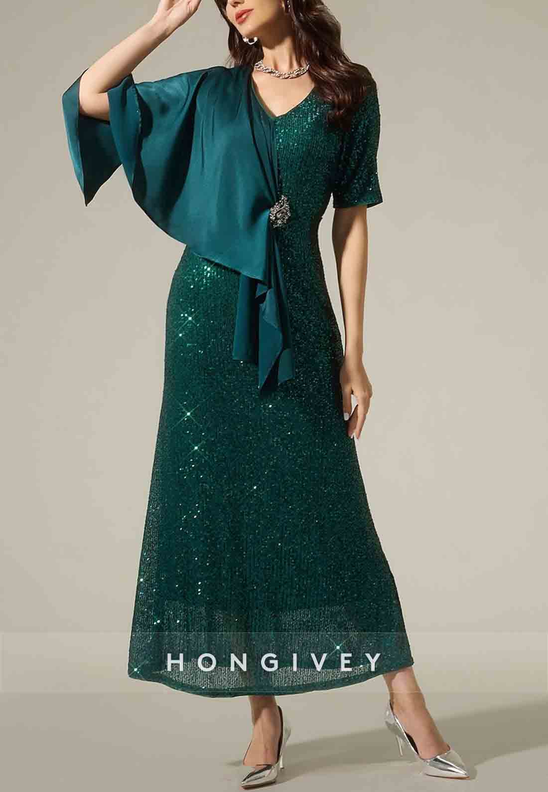 Trumpet Ankle-Length V Neck Short Sleeve V Back Glitter Mother of the Bride Dress