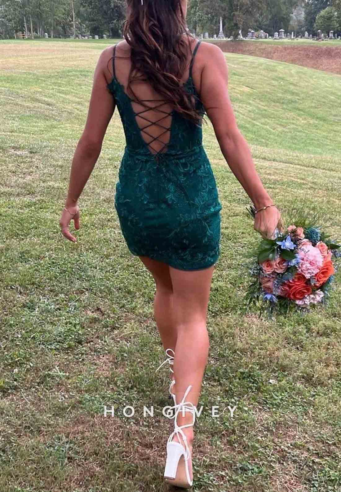Green Bodycon Spaghetti Straps Lace Crisscross Back Short Homecoming Dresses