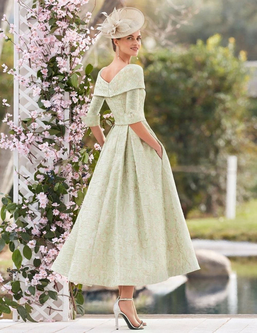 HM153 - Sexy Satin A-Line Asymmetrical Empire 3/4 Sleeves Bowknot With Pockets Mother of the Bride Dress