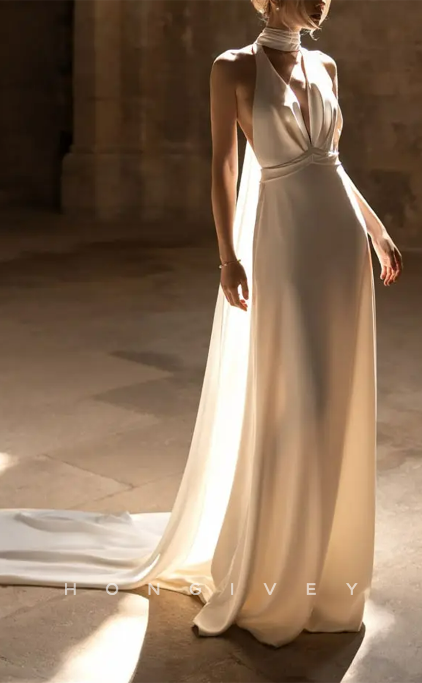 H0981 - Simple Sexy Halter V-Neck Open Back With Train Long Wedding Dr H0981 - Simple Sexy Halter V-Neck Open Back With Train Long Wedding Dr