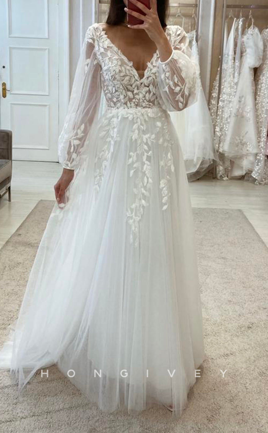 H1609 - Tulle V-Neck Empire Long Sleeve Lace Applique Classic A-Line B H1609 - Tulle V-Neck Empire Long Sleeve Lace Applique Classic A-Line B