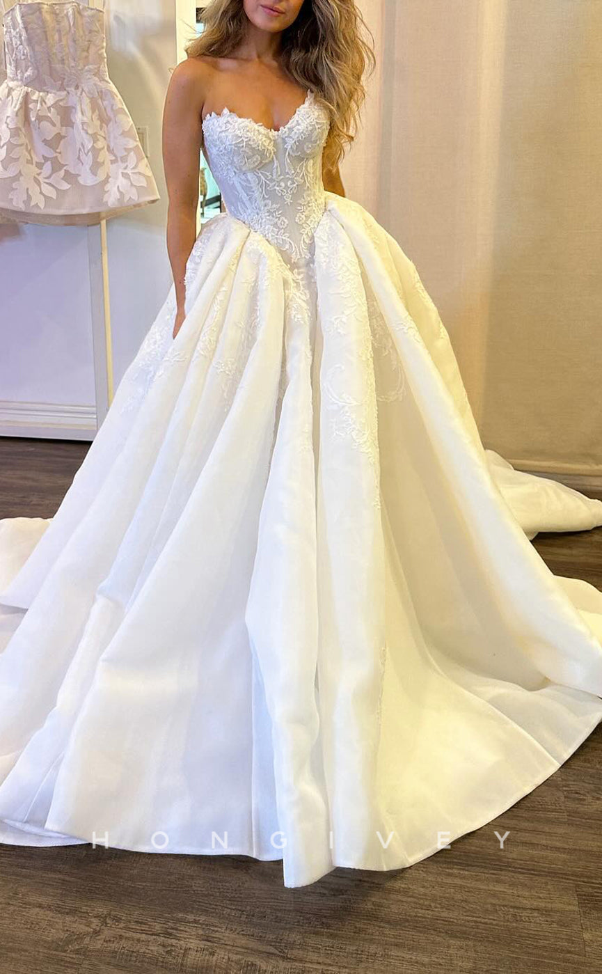 H1632 - Ornate Satin A-Line Sweetheart Strapless Empire Lace Applique H1632 - Ornate Satin A-Line Sweetheart Strapless Empire Lace Applique