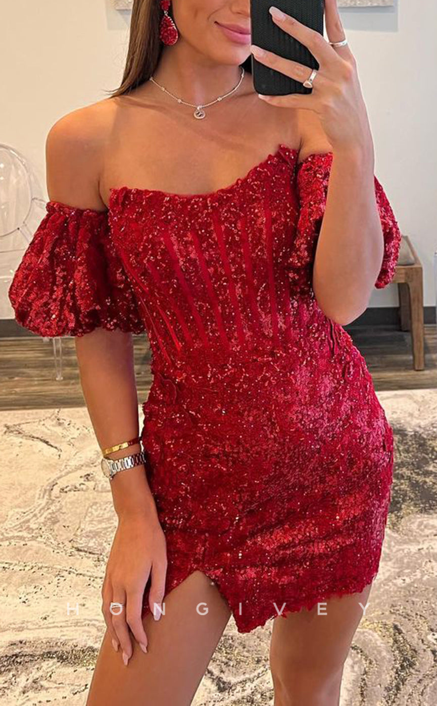 H2111 - Sexy Fitted Glitter Bateau Strapless Puff Sleeves Gown Short Party/Homecoming Dress