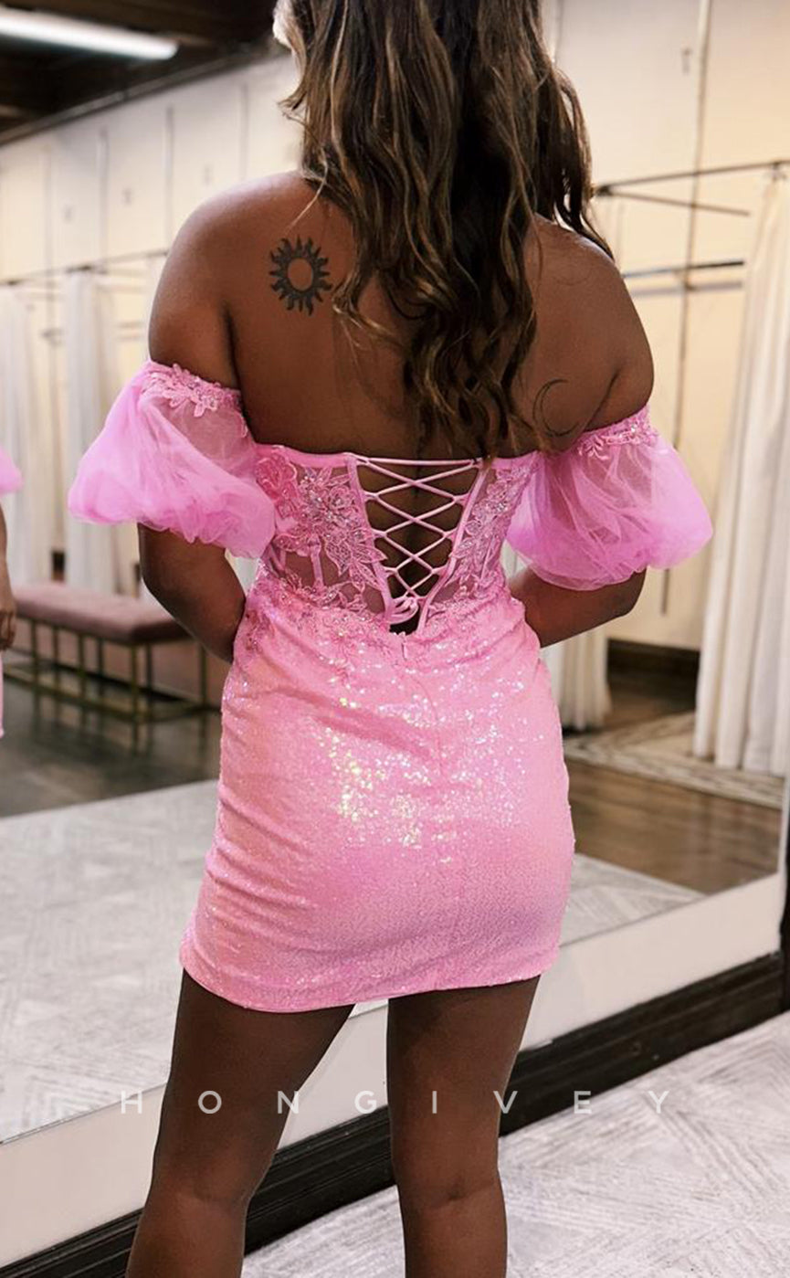 H2135 - Sexy Fitted Glitter Sweetheart Strapless Puff Sleeves Gown Appliques Party/Homecoming Dress