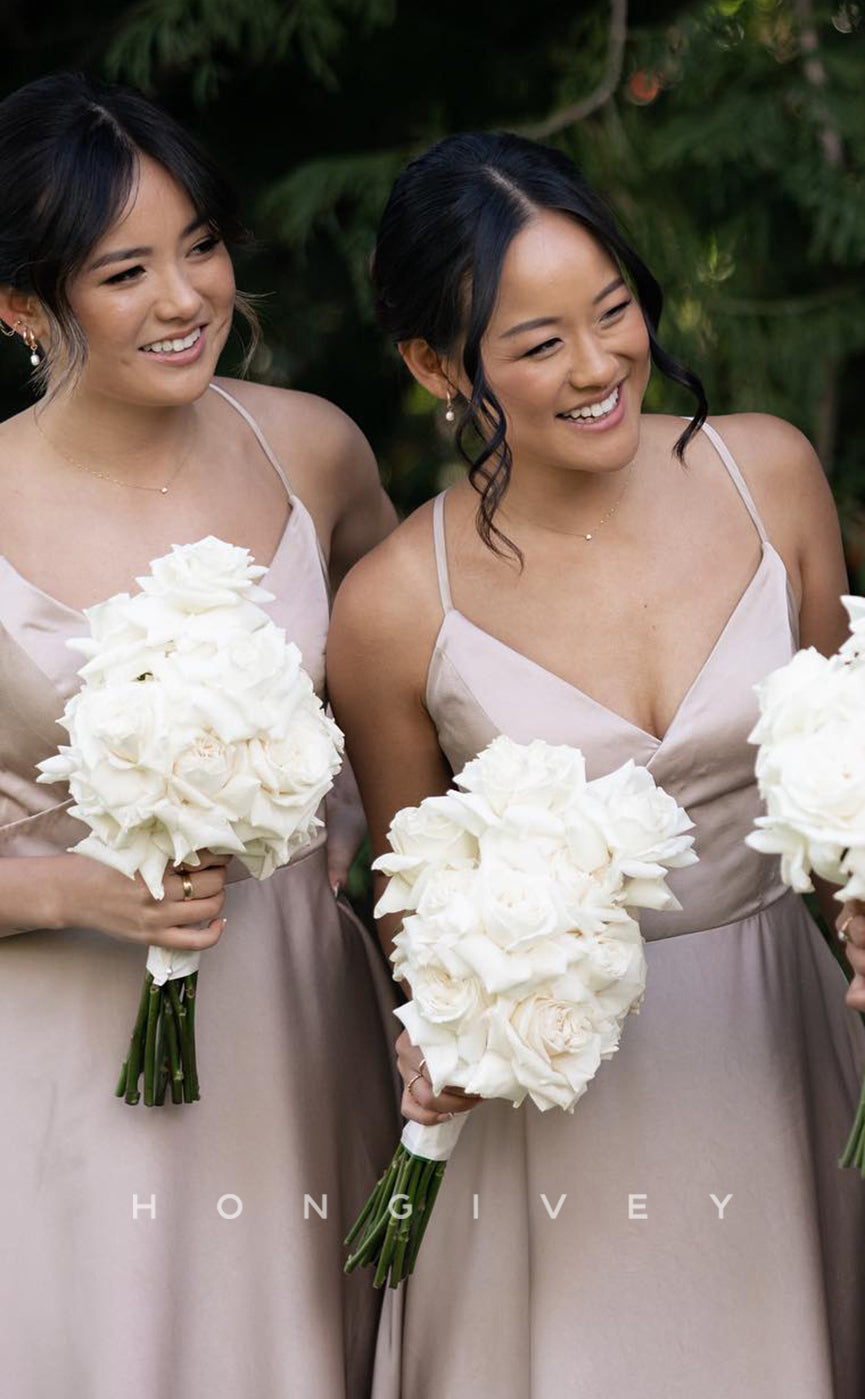 HB038 - Sexy Satin A-Line V-Neck Spaghetti Straps Empire Floor-Length Prom Party Bridesmaid Dress