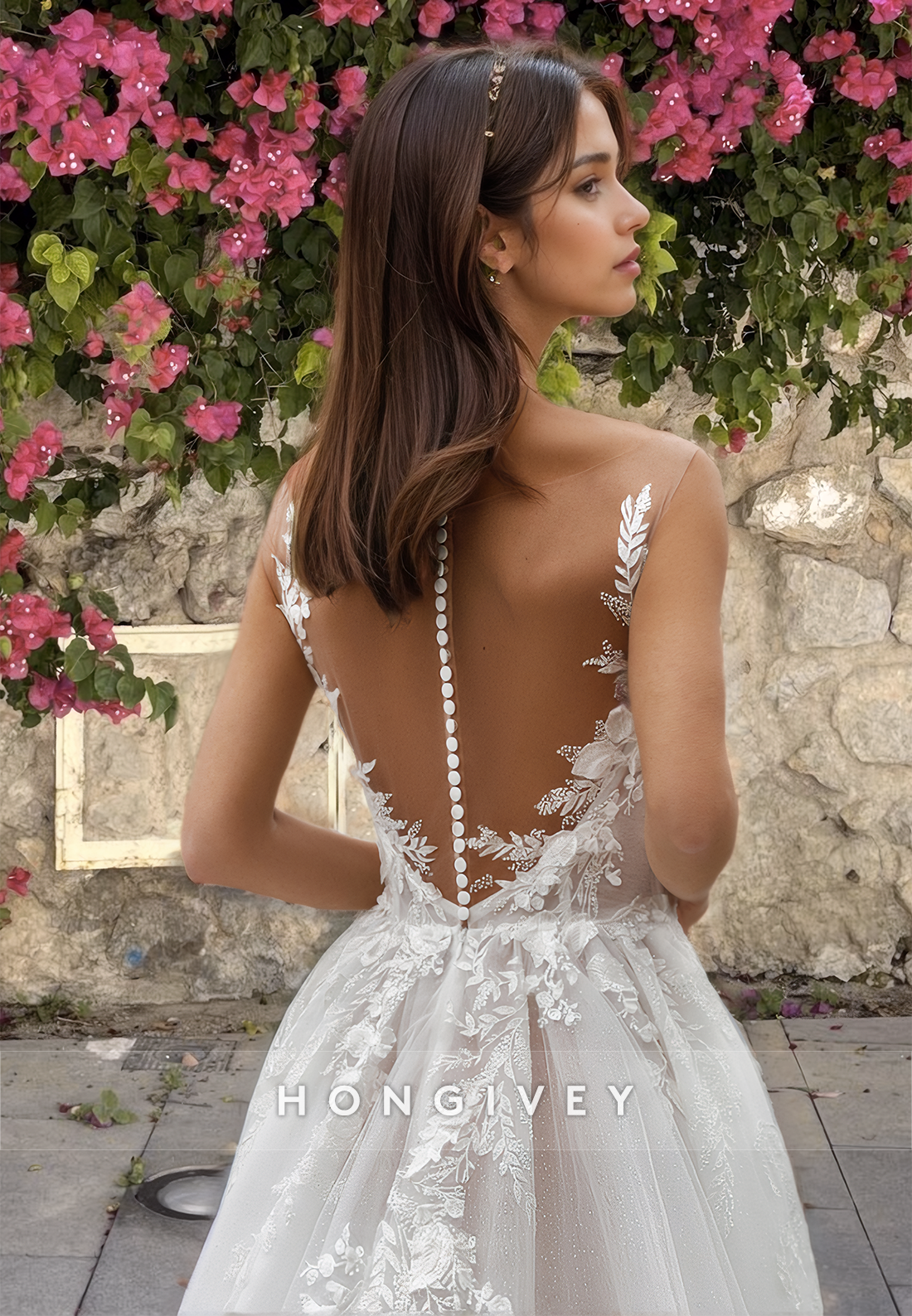 Chic Floral Tulle Side Slit Applique Wedding Dress Bride Gown New HONGIVEY