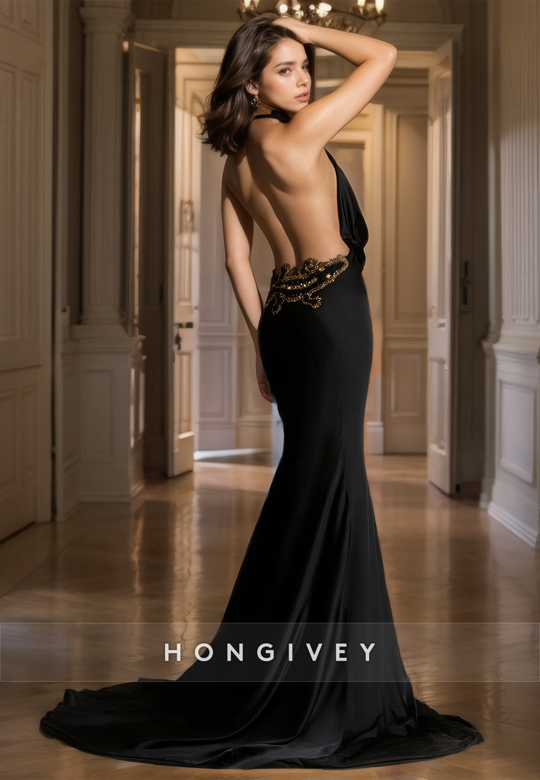 Sexy Black Deep V Neck Mermaid Prom Gown Halter Backless Appliqued Flo Sexy Black Deep V Neck Mermaid Prom Gown Halter Backless Appliqued Flo