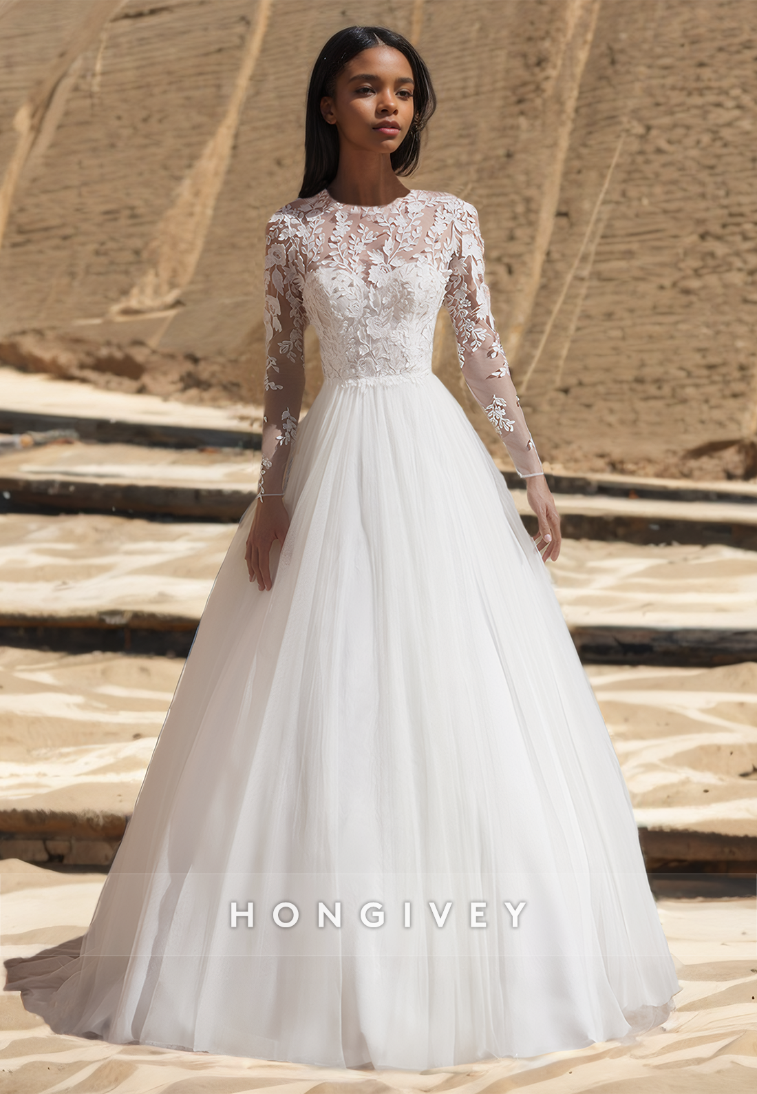 Fancy A-Line O Neck Long Wedding Dress with Long Sleeves Lace Floor Le Fancy A-Line O Neck Long Wedding Dress with Long Sleeves Lace Floor Le