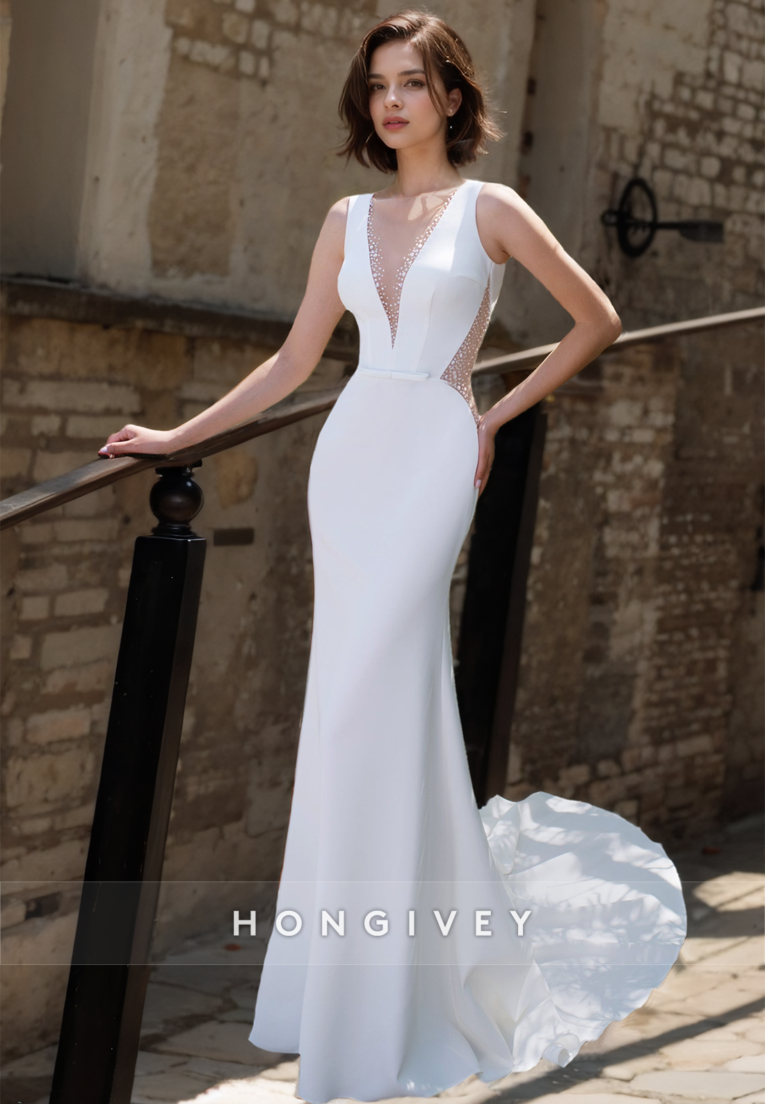 Elegant Sexy Beaded V-Neck Backless Empire Waist Mermaid Wedding Dress Elegant Sexy Beaded V-Neck Backless Empire Waist Mermaid Wedding Dress