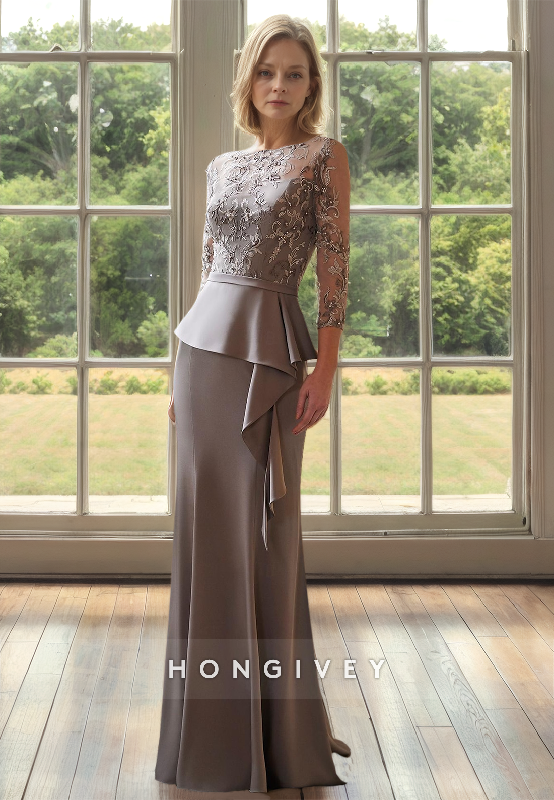 Beaded Long Sleeves Mother of the Bride Dress Lace Chiffon Wedding Gue Beaded Long Sleeves Mother of the Bride Dress Lace Chiffon Wedding Gue