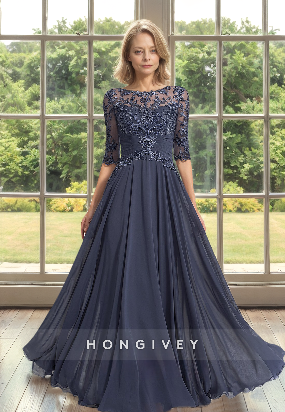 Solid Bateau Lace Applique Long A-Line Mother of the Bride/Groom Dress Solid Bateau Lace Applique Long A-Line Mother of the Bride/Groom Dress