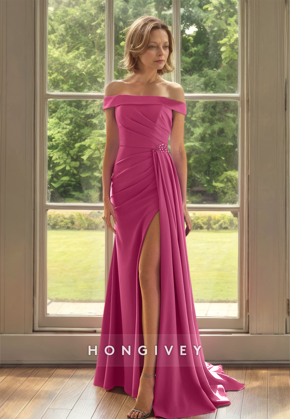 Side Slit Off-Shoulder Trumpet Satin Mother of the Bride/Groom Dress Wedding Guest Dress