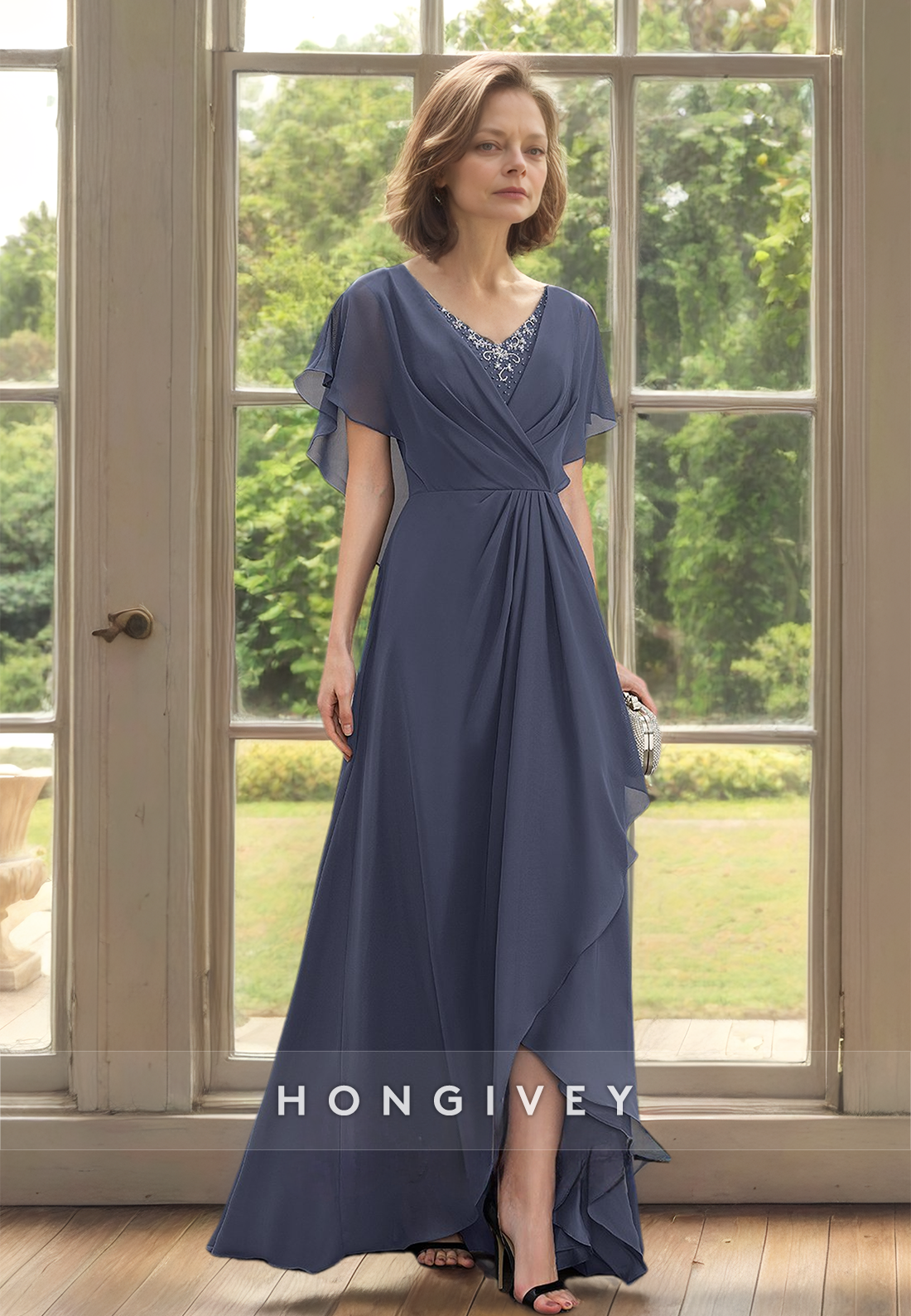 Asymmetrical V-Neck Chiffon A-Line Floor Length Mother of the Bride/Gr Asymmetrical V-Neck Chiffon A-Line Floor Length Mother of the Bride/Gr