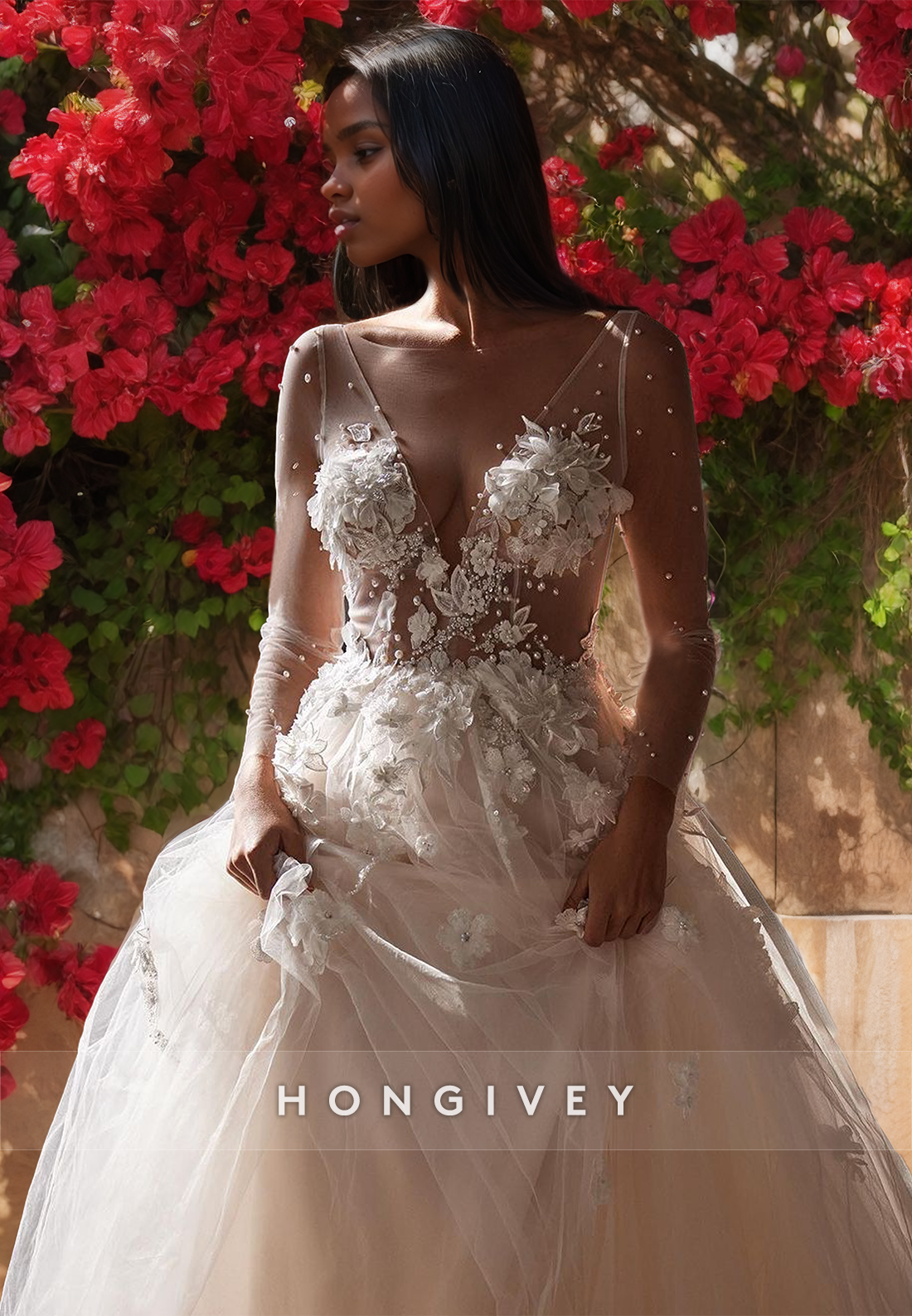 Sexy Tulle Illusion A-Line V-Neck Long Sleeves Appliques With Train Wedding Dress