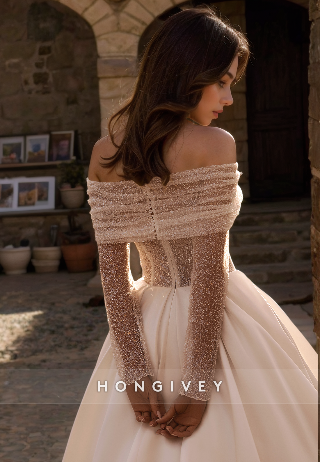 Glamorous & Dramatic Illusion Detachable Off-Shoulder Long Sleeves Wedding Dress