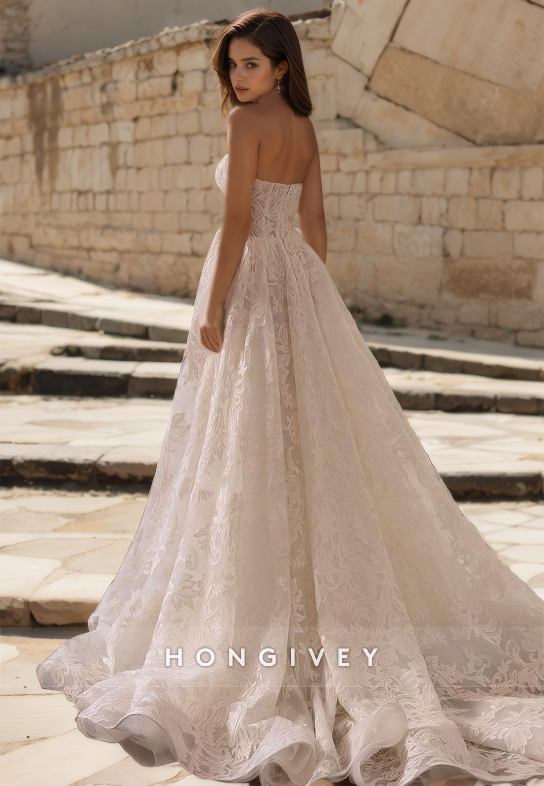 Elegant A-Line Sweetheart Strapless Empire Floral Appliqued Wedding Dress