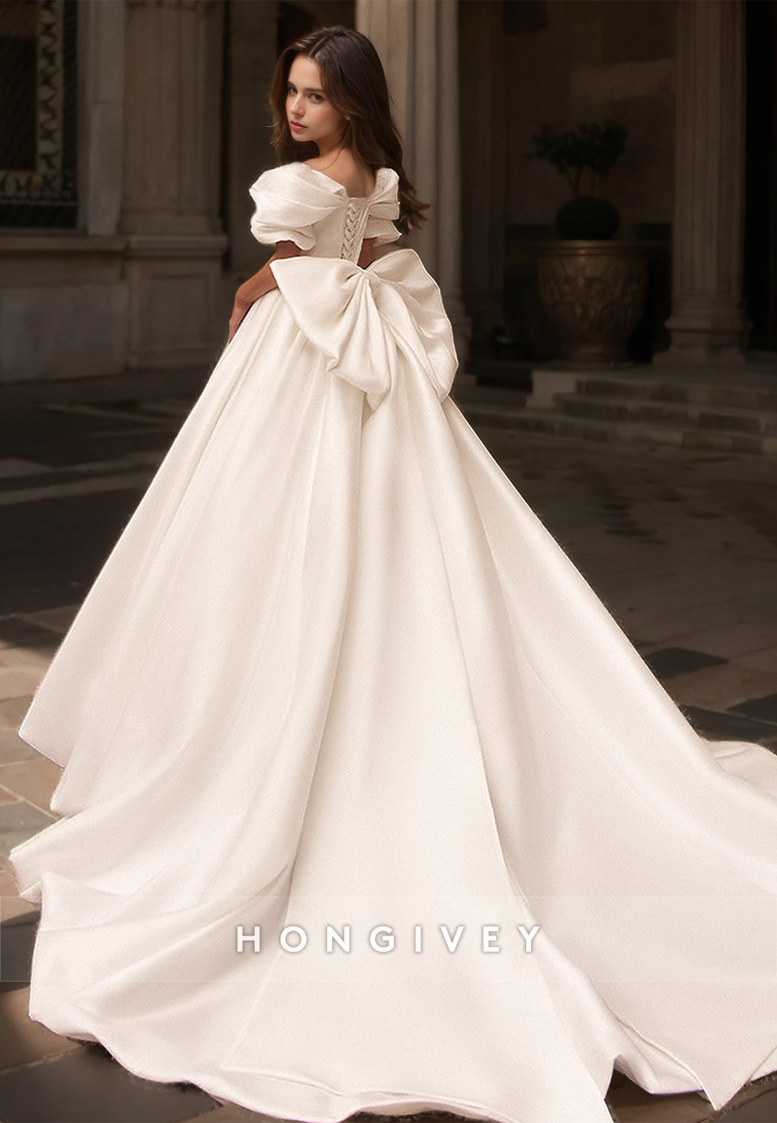 HONGIVEY Elegant Off-Shoulder Wedding Dress with Bow A-Line with Train Bridal Dresses