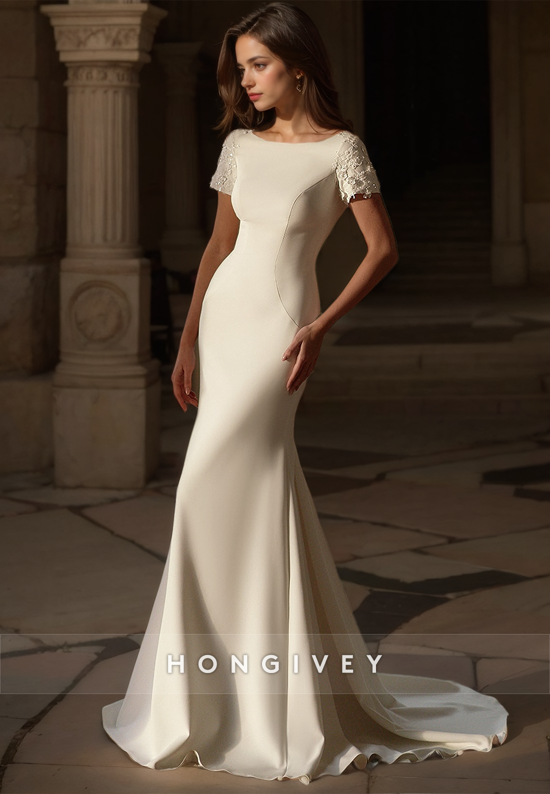 HONGIVEY Short Sleeves Mermaid Wedding Dress Empire Waist Bateau Fitte HONGIVEY Short Sleeves Mermaid Wedding Dress Empire Waist Bateau Fitte