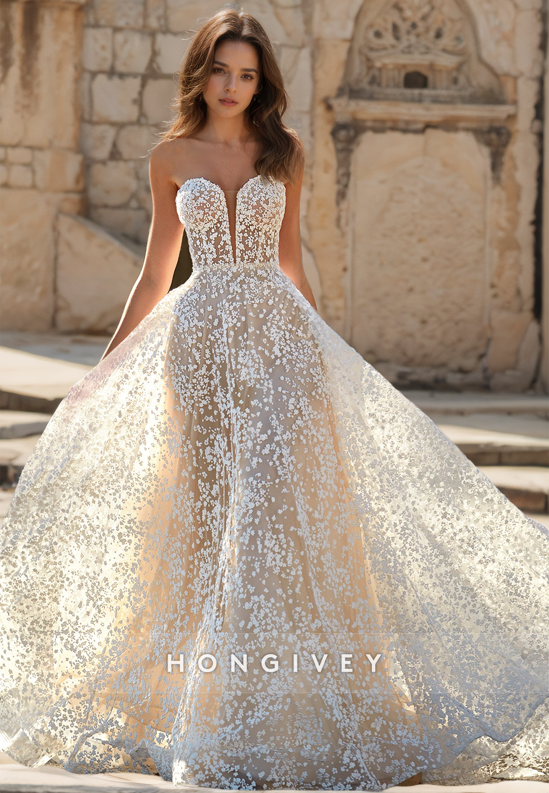 Fully Lace Applique Strapless Tiered Plunging Illusion With Train Long Fully Lace Applique Strapless Tiered Plunging Illusion With Train Long