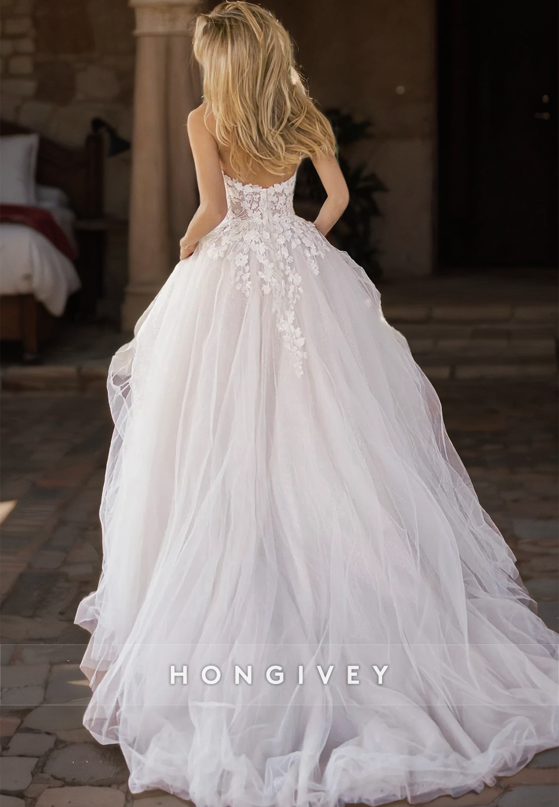 Sparkly Floral Embossed Illusion Tiered Strapless Plunging Illusion With Train Long Wedding Dress