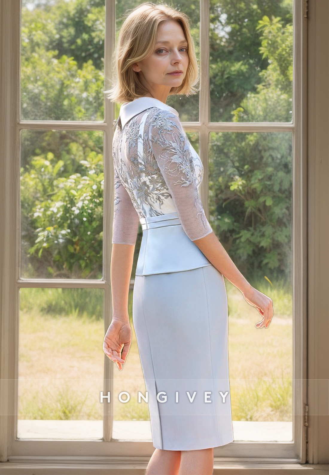 HONGIVEY Elegant Two Piece Mother of the Bride Dress Blue Sleeves Wedding Guest Gown