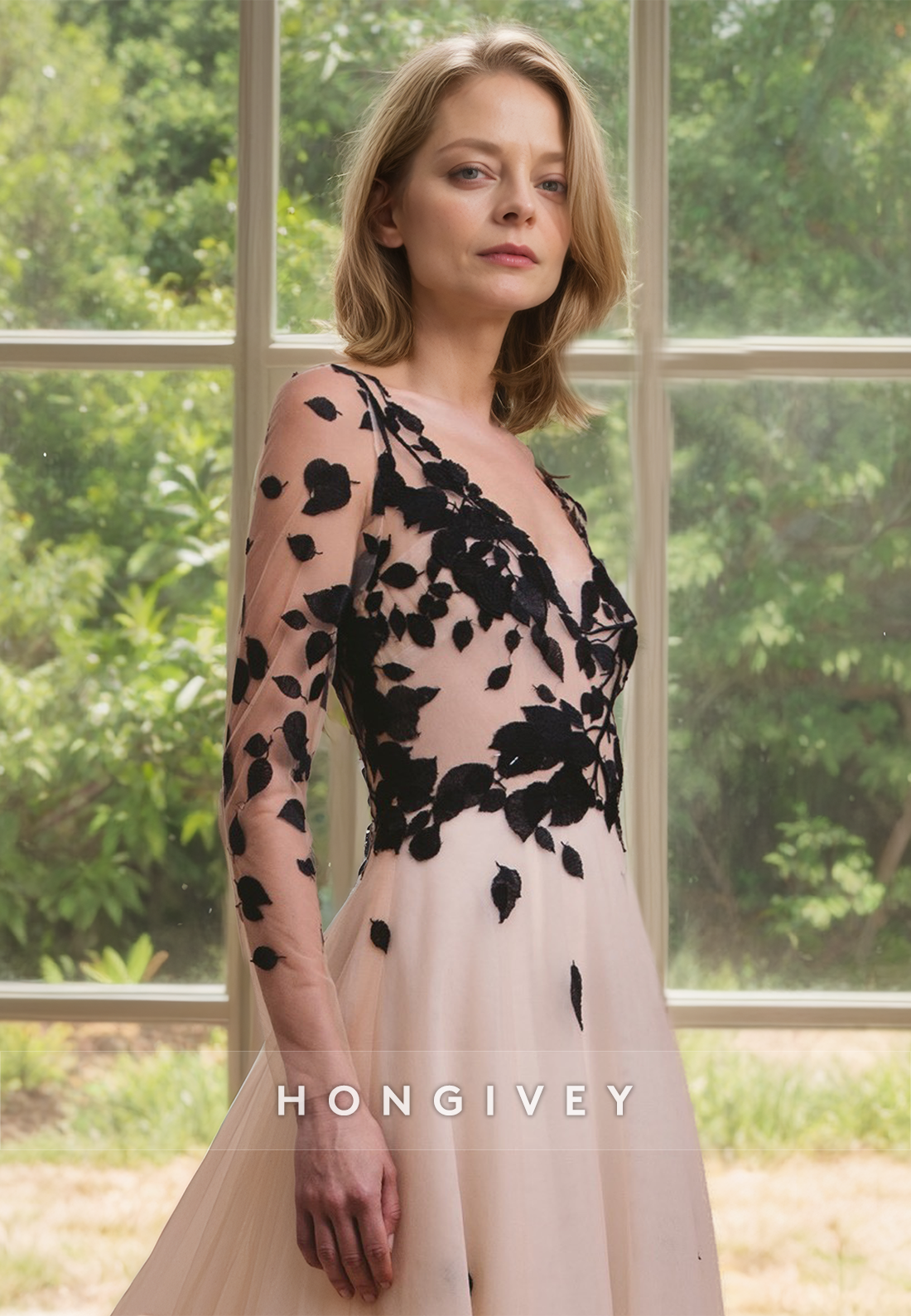 HONGIVEY Floor Length Chiffon Mother of the Bride Dress Long Sleeves Applique Wedding Guest Dresses