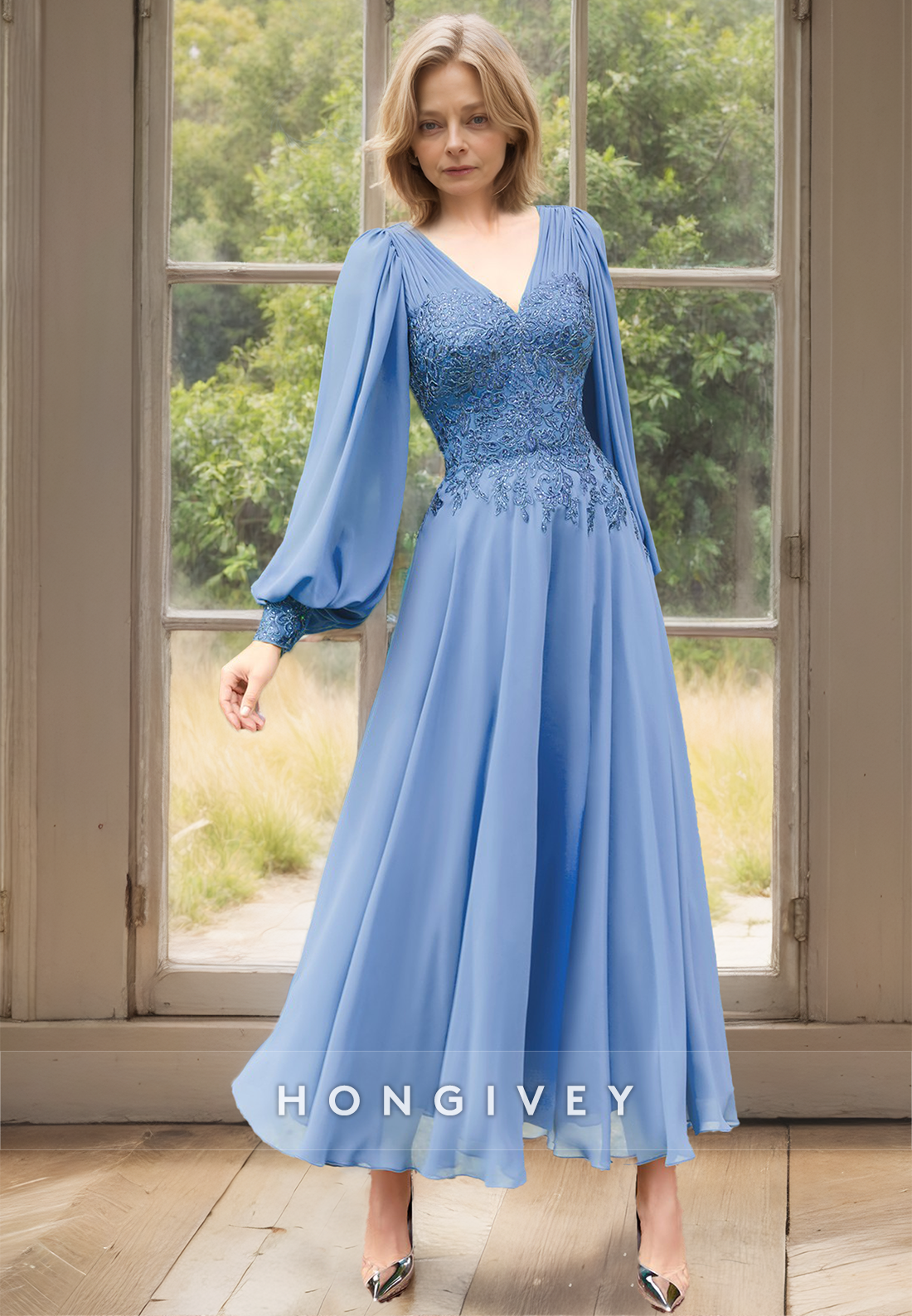 HONGIVEY New Chiffon Long Sleeves A-Line Mother of the Bride/Groom Dre HONGIVEY New Chiffon Long Sleeves A-Line Mother of the Bride/Groom Dre