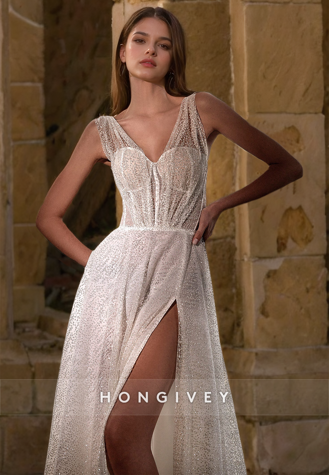 HONGIVEY New Glitter Backless Organza Wedding Dresses V-Neck Sleeveless Bridal Dress