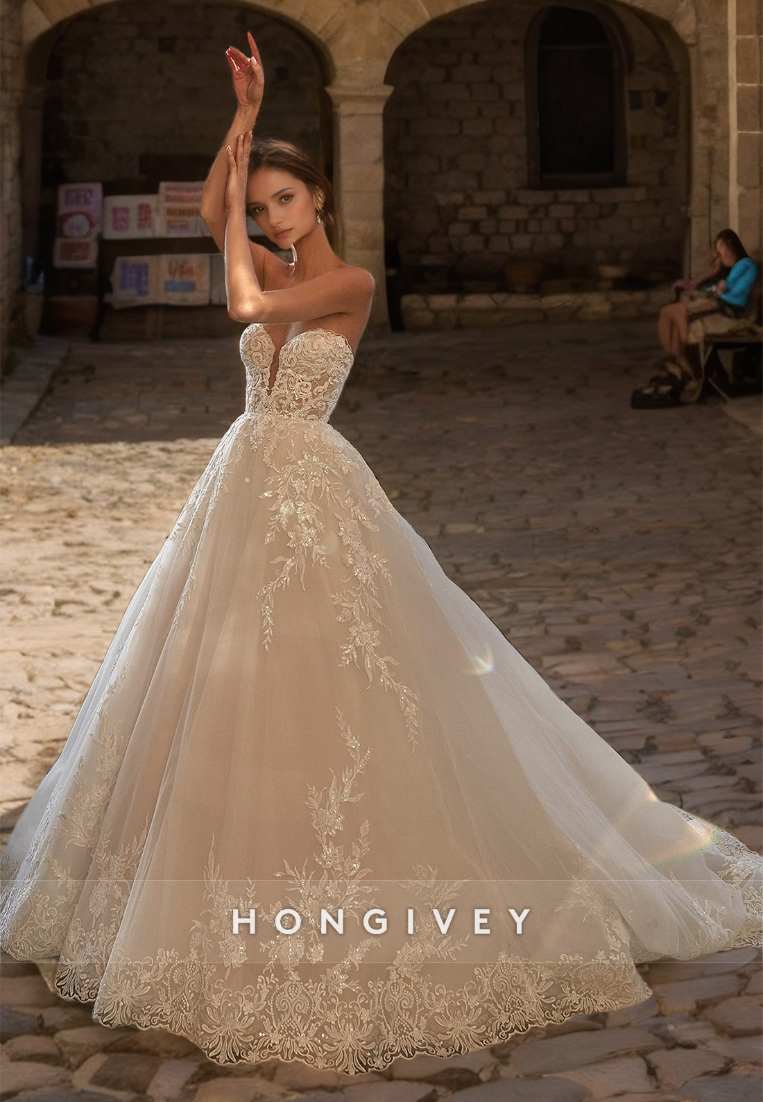 HONGIVEY New Lace Wedding Dresses with Train Sweetheart A-Line Organza HONGIVEY New Lace Wedding Dresses with Train Sweetheart A-Line Organza