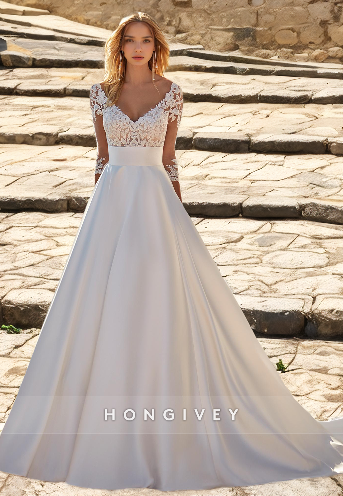 HONGIVEY Lace Long Sleeves Wedding Dresses Empire Waist A-Line Bridal HONGIVEY Lace Long Sleeves Wedding Dresses Empire Waist A-Line Bridal