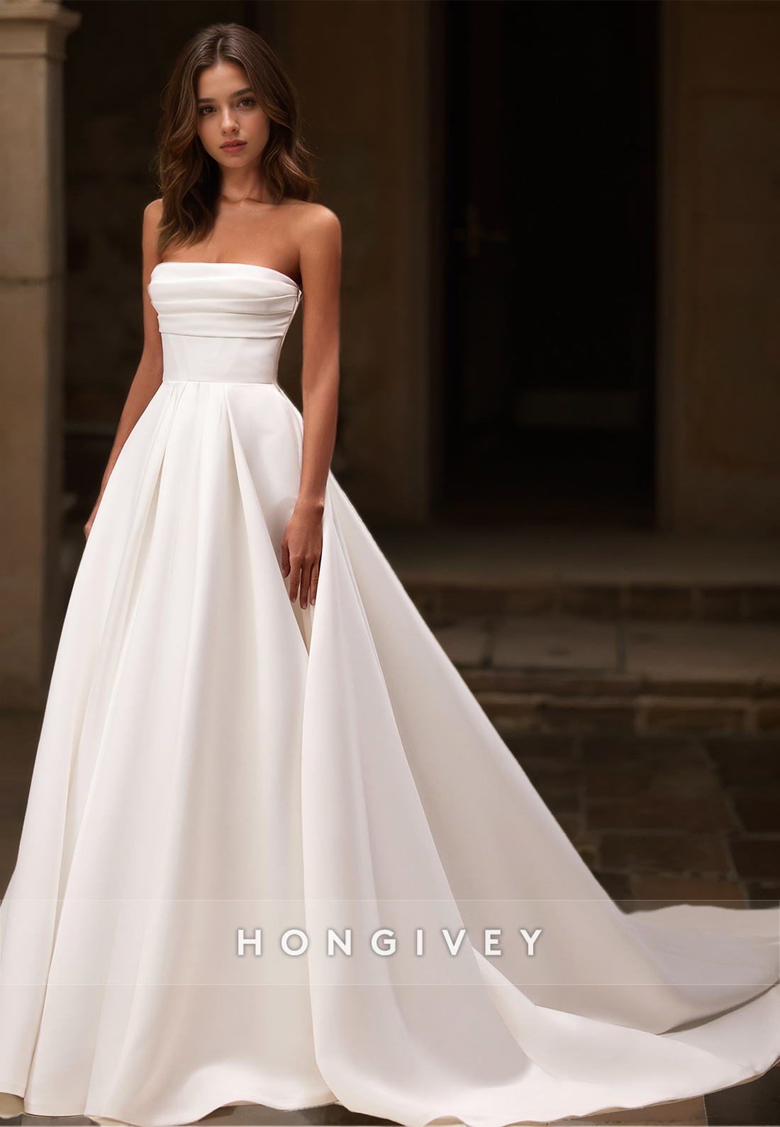 HONGIVEY Strapless Satin A-Line Wedding Dresses with Train HONGIVEY Strapless Satin A-Line Wedding Dresses with Train