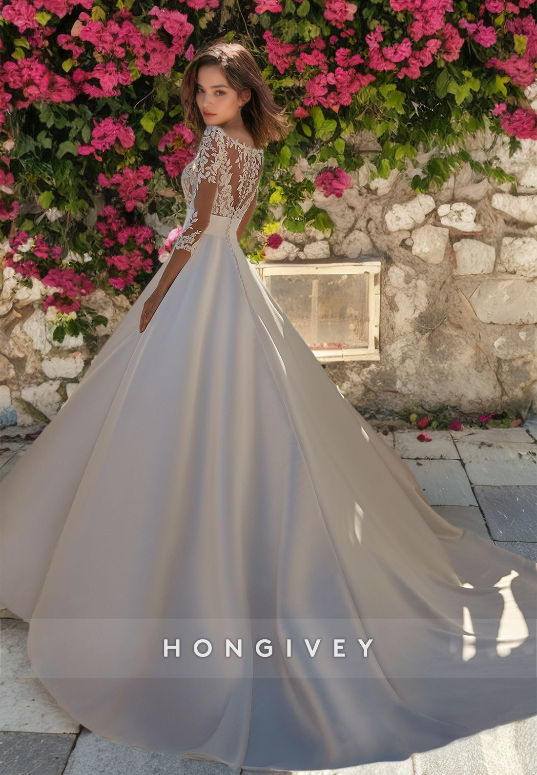 HONGIVEY Lace Long Sleeves Wedding Dresses Empire Waist A-Line Bridal Dress New