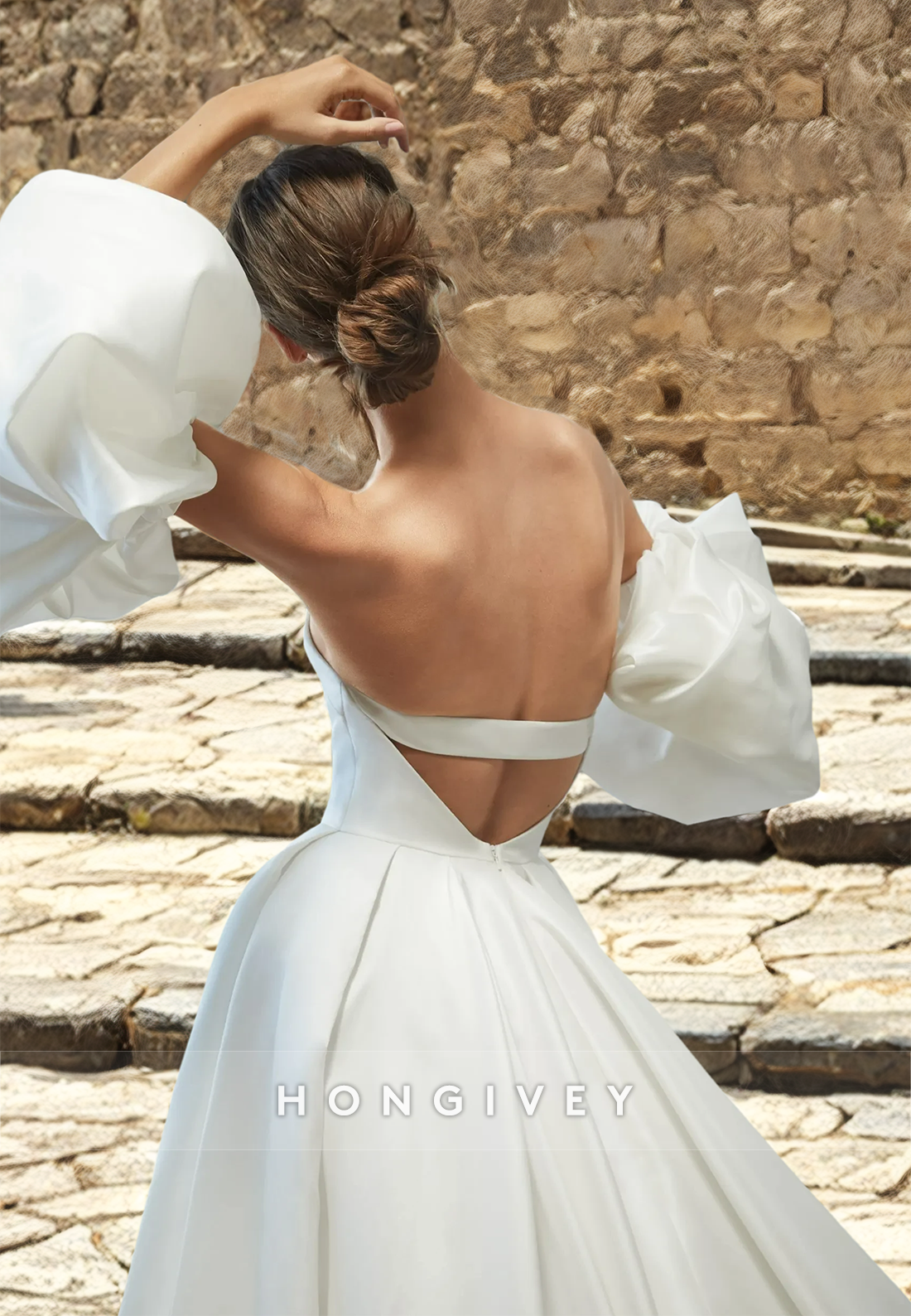 HONGIVEY Backless Satin Wedding Dresses Off-Shoulder Sweetheart A-Line Bride's Dress