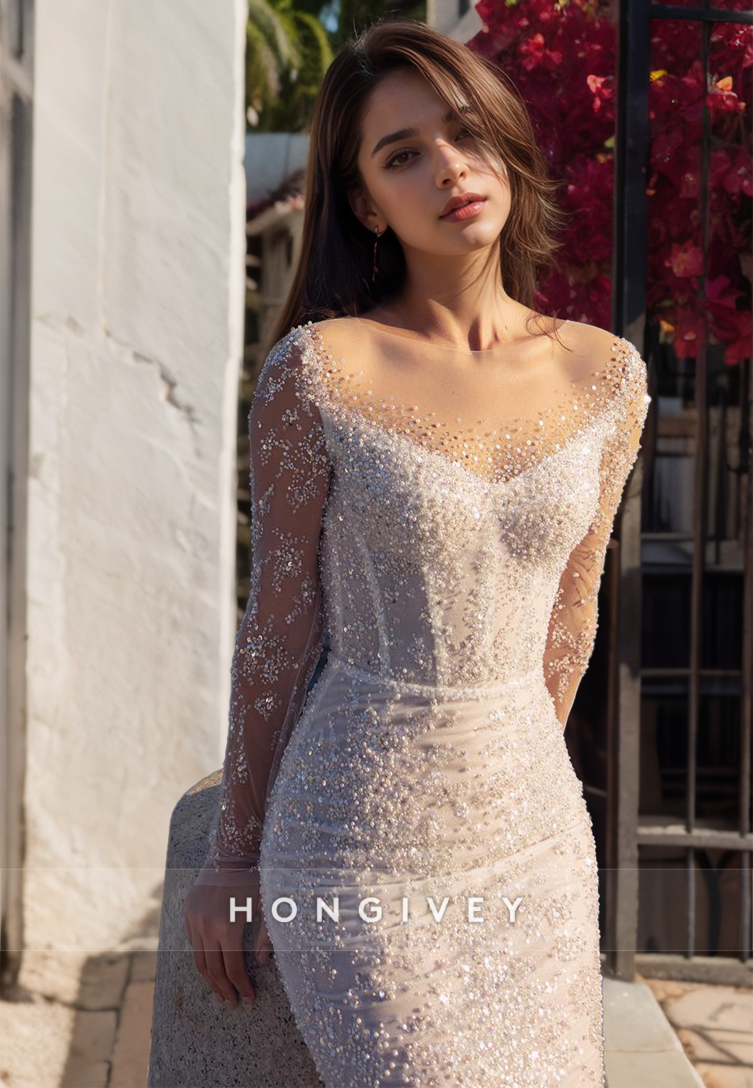 HONGIVEY Luxury Mermaid Wedding Dress with Train New Sparkle Long Sleeves Bride Gown