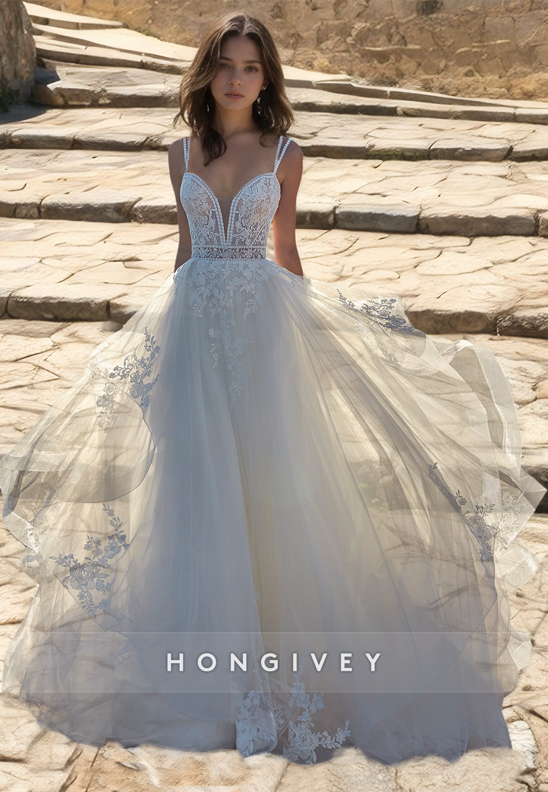 HONGIVEY Sweetheart Lace Wedding Dresses Straps Organza A-Line Bridal HONGIVEY Sweetheart Lace Wedding Dresses Straps Organza A-Line Bridal