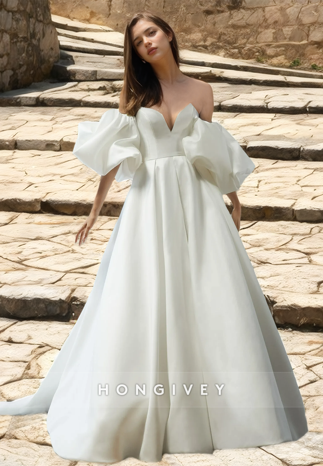 HONGIVEY Backless Satin Wedding Dresses Off-Shoulder Sweetheart A-Line HONGIVEY Backless Satin Wedding Dresses Off-Shoulder Sweetheart A-Line