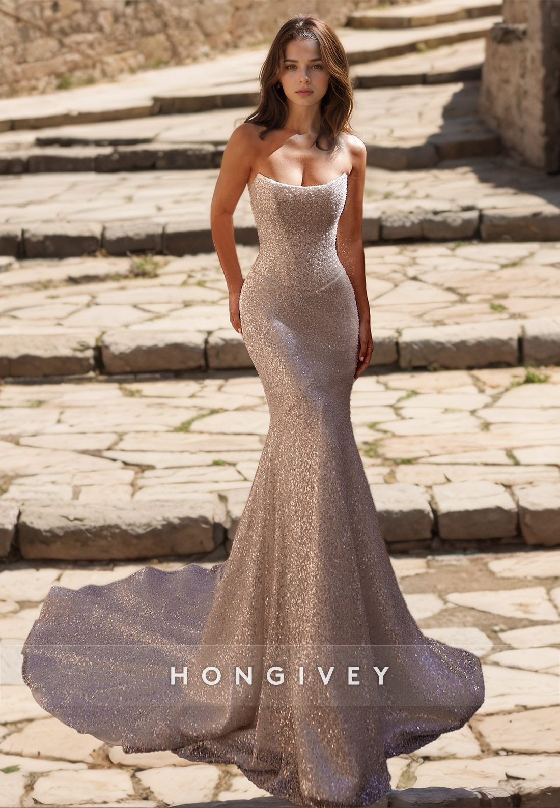 HONGIVEY Sparkle Mermaid Wedding Dresses with Train New Wedding Gown