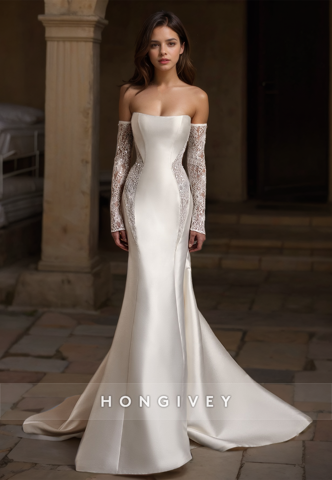 HONGIVEY Sparkle Mermaid Wedding Dresses with Train Lace Long Sleeves 2024 New