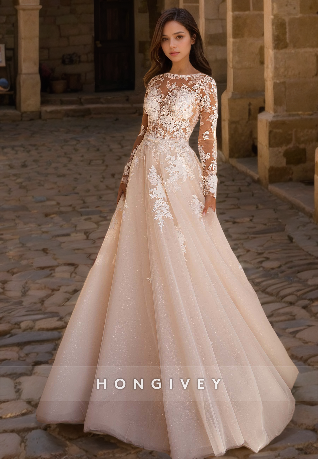 HONGIVEY Lace Wedding Dresses Long Sleeves 2024 Bateau Organza Bridal HONGIVEY Lace Wedding Dresses Long Sleeves 2024 Bateau Organza Bridal