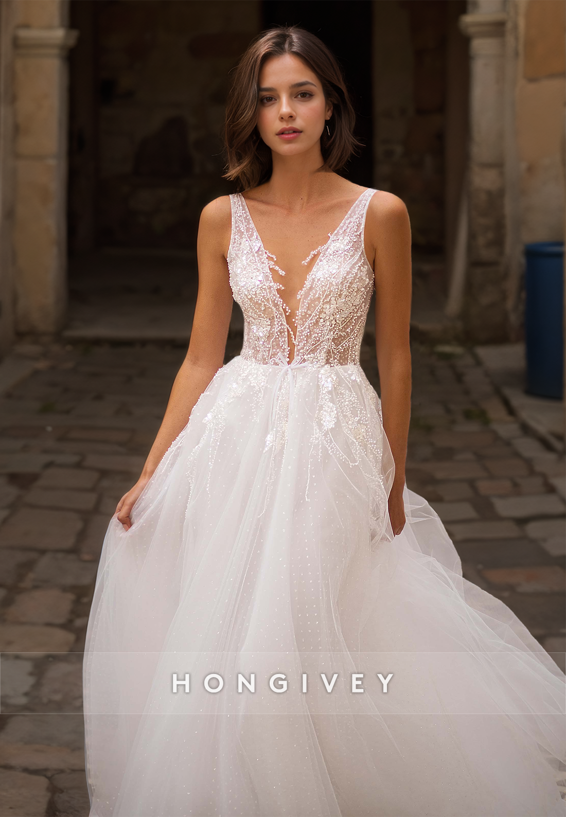 HONGIVEY Lace Wedding Dresses V-Neck A-Line Sleeveless Bridal Dress
