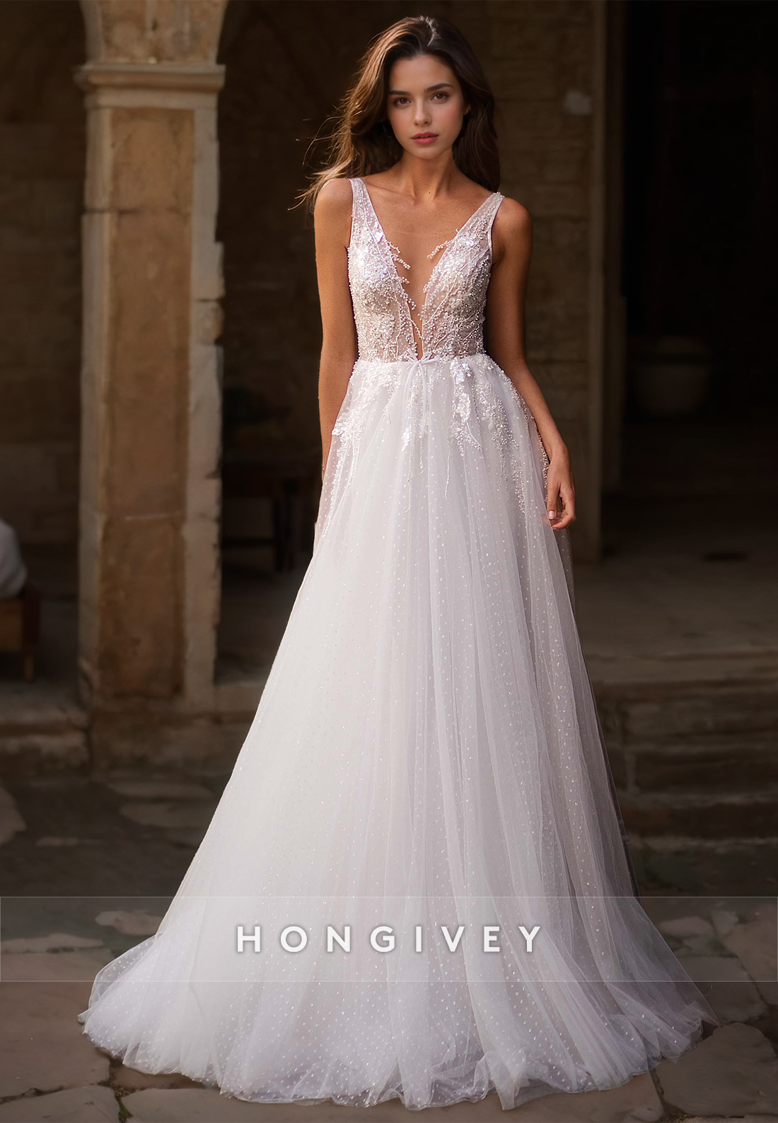 HONGIVEY Lace Wedding Dresses V-Neck A-Line Sleeveless Bridal Dress HONGIVEY Lace Wedding Dresses V-Neck A-Line Sleeveless Bridal Dress