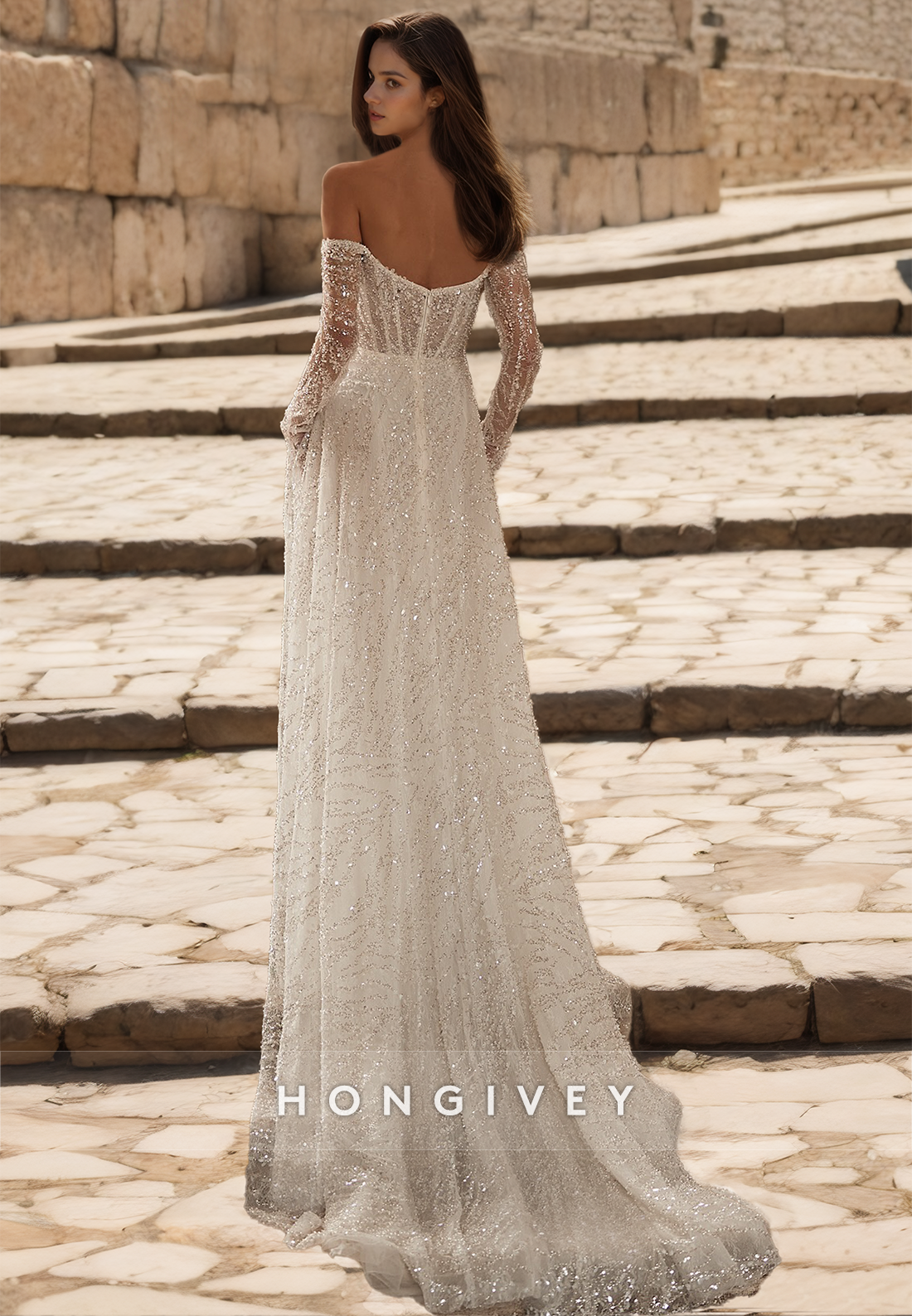 HONGIVEY Gorgeous Glitter Long Sleeves Sequins Wedding Dress with Train New 2024