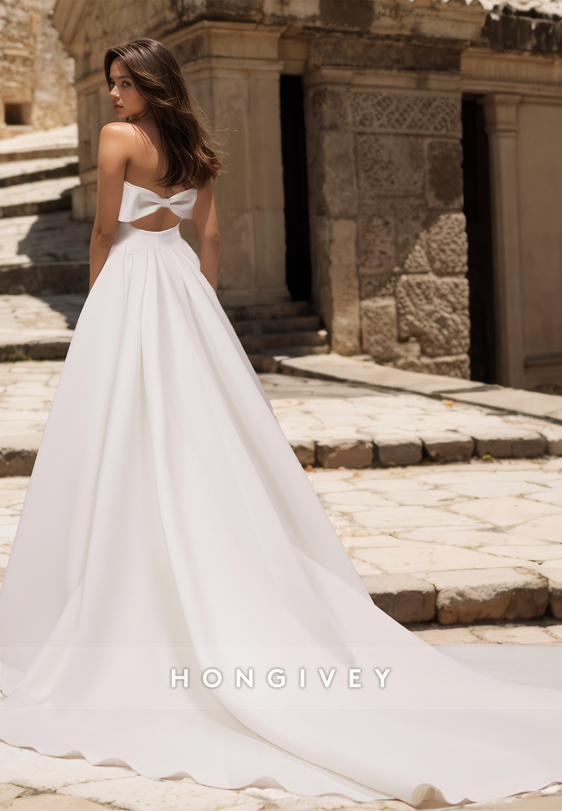 HONGIVEY Strapless Satin A-Line Wedding Dresses with Train
