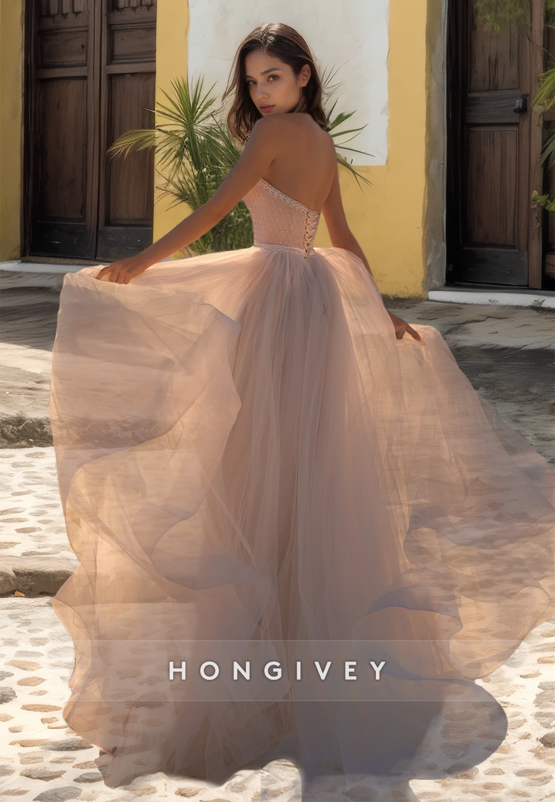 HONGIVEY New Gorgeous Beaded Organza Wedding Dresses A-Line Sweetheart Tulle Bride Gown