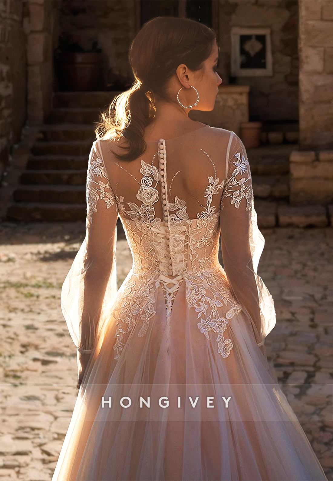 HONGIVEY New Applique Organza Wedding Dresses Lace Long Sleeves A-Line Bride Gown