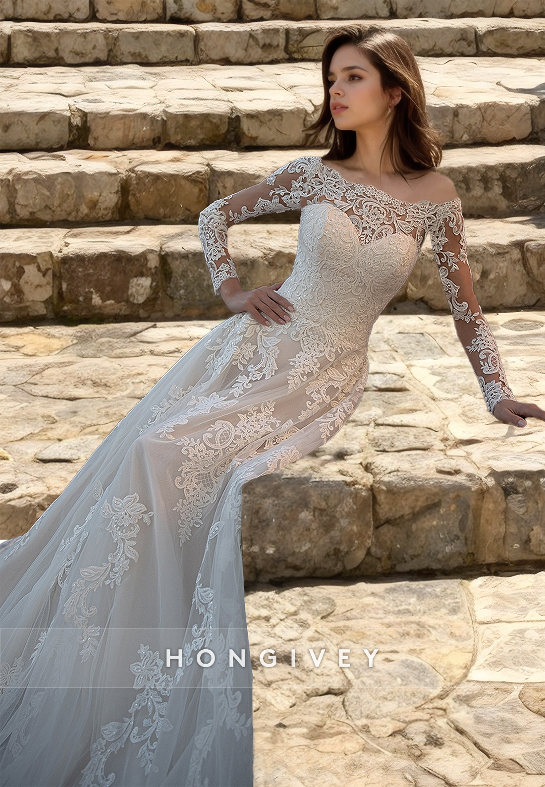 HONGIVEY Lace Applique Wedding Dresses Bateau Long Sleeves A-Line Long Bridal Dresses