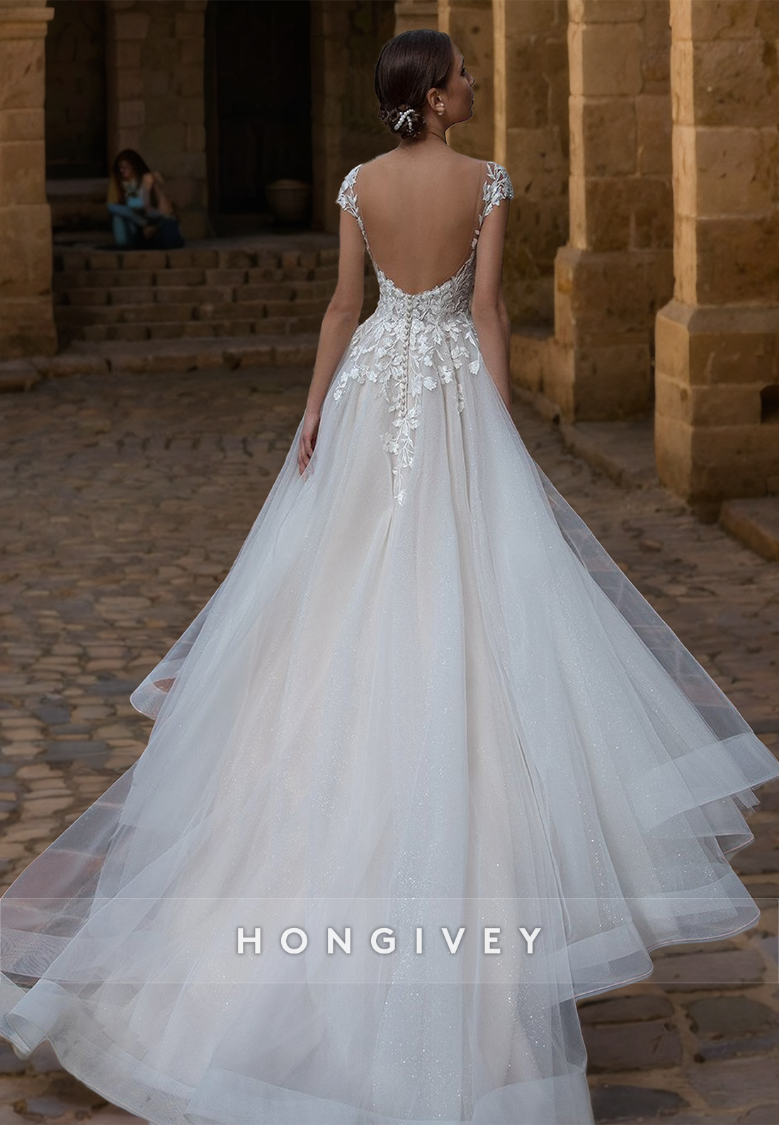 HONGIVEY Backless Wedding Dresses Lace Applique Off-Shoulder A-Line Bride Dress