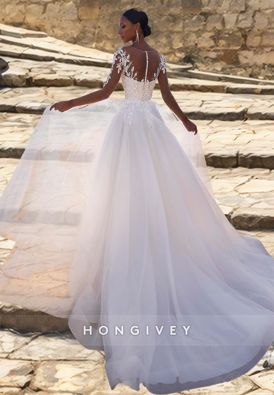 HONGIVEY 2024 Wedding Dress Beads Long Sleeves Sweetheart Organza Bridal Dresses