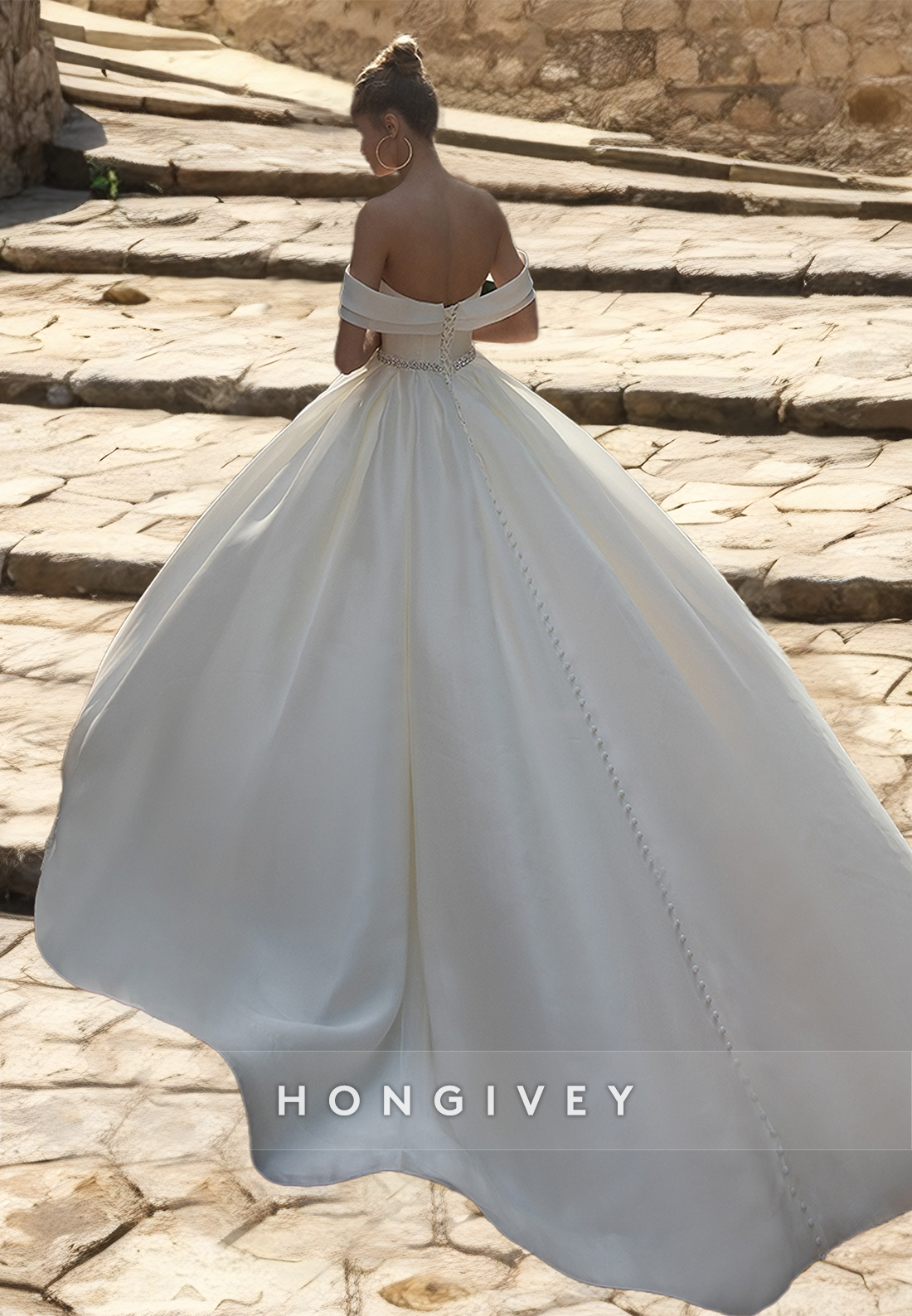 HONGIVEY Elegant Wedding Dress with Train Belt Off-Shoulder A-Line Tulle Bride Gown